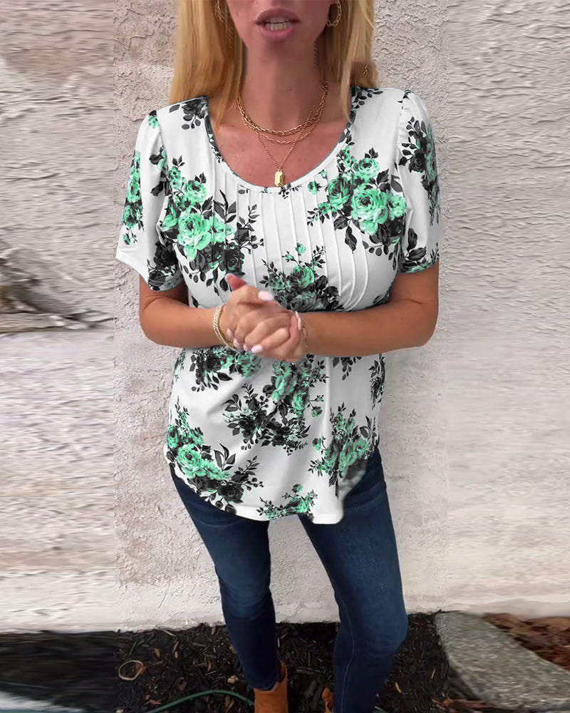 T-Shirt Med Rund Hals Blomsterprint Plisseret