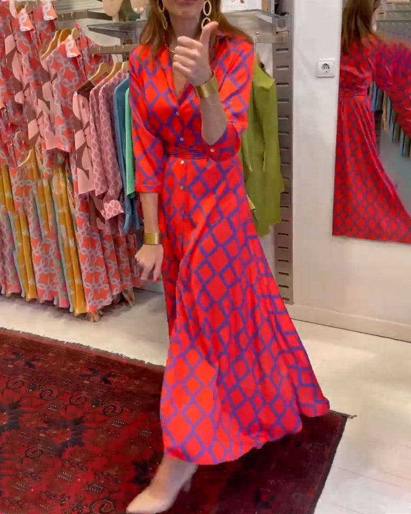 Skjortekjole med V-udskæring og 3/4 ærmer