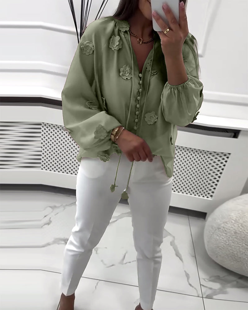 Bluse Ensfarvet 3D-Blomster Snøre