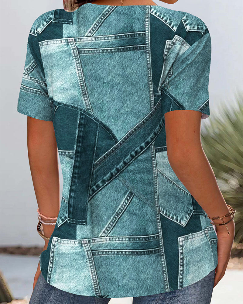 Bluse Vintage Denim Kontrast Udskæring