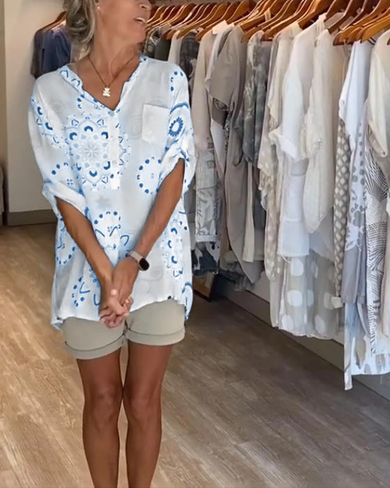 Bluse Alsidig V-Hals Printet Halve Ærmer