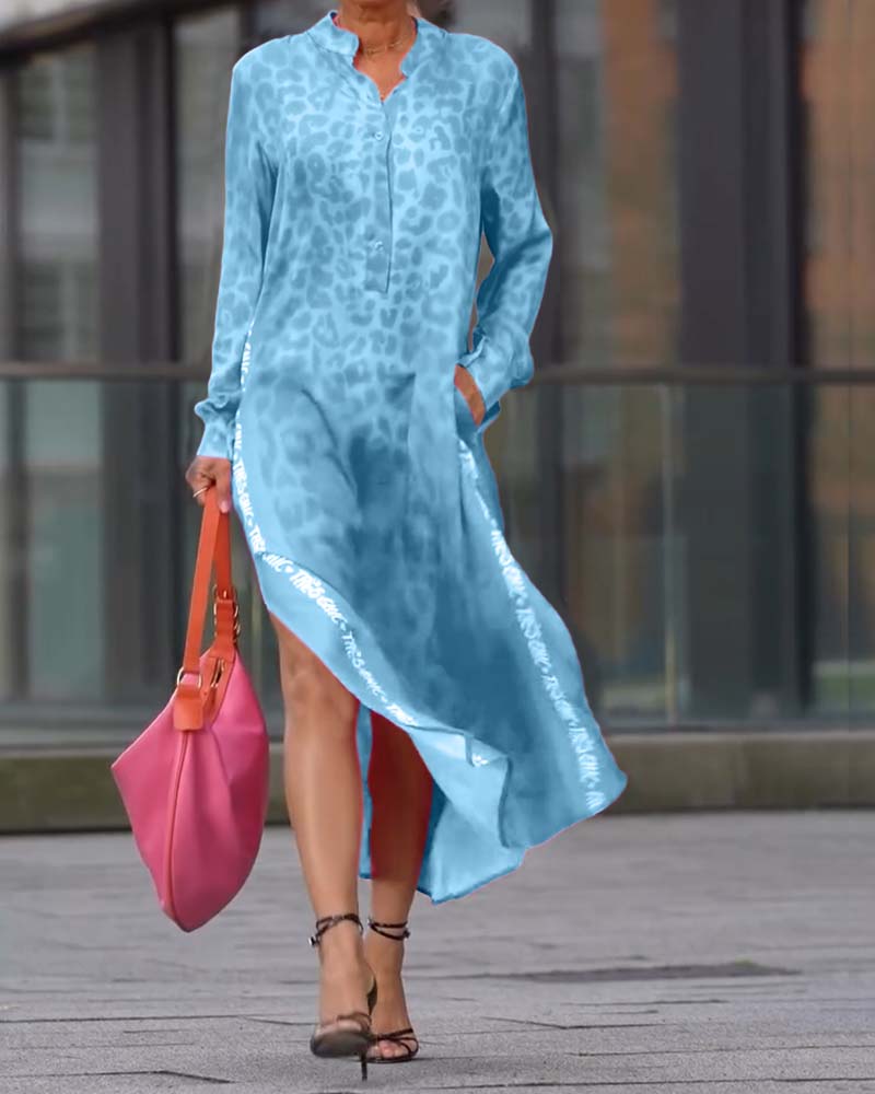 Kjole Langærmet Leopardskriftt Splits