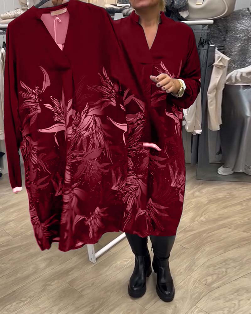 Kjole V-hals Blad Print Langærmet