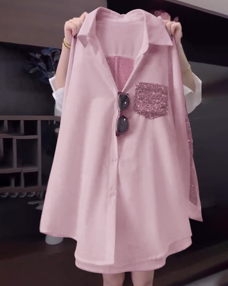 Revers-Paillet-Langærmet Bluse