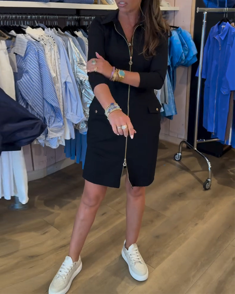 Kjole Revers Ensfarvet Lynlås Lang Ærme