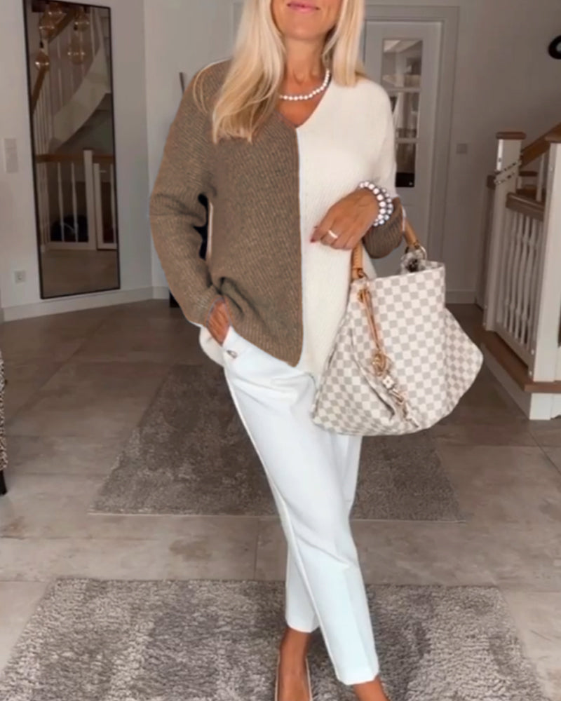 V-hals farveblok sweater