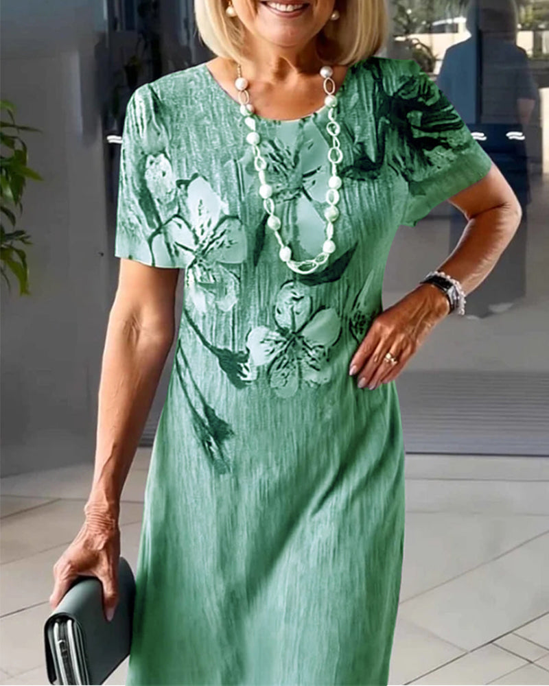 Kjole Rund Hals Korte Ærmer Trykt