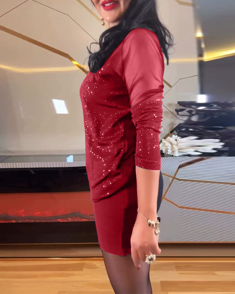 Top sexet v-hals mesh og ensfarvet pailletter