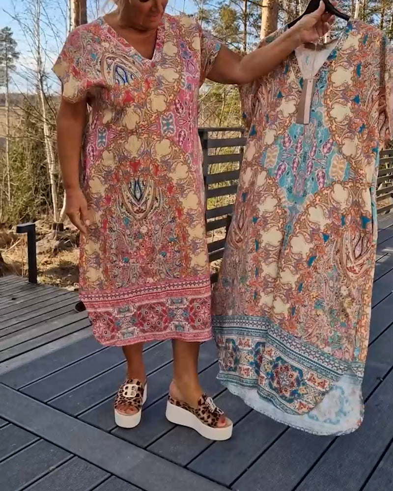Kjole V-Hals Korte Ærmer Mønstret Løs