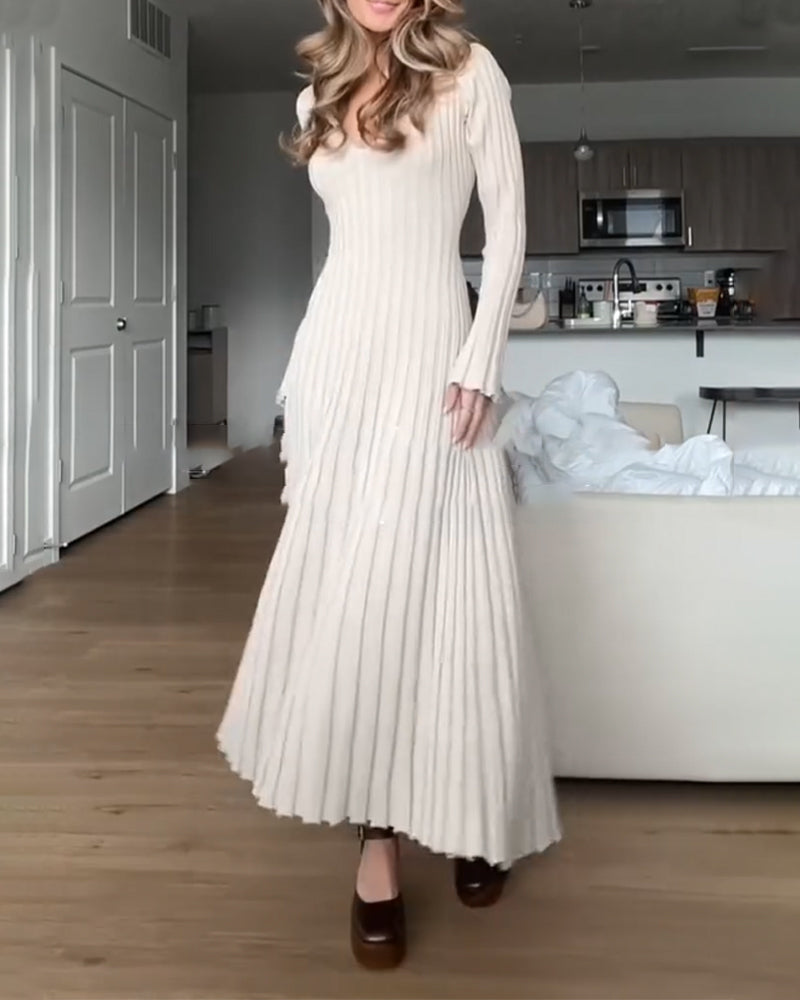 V-hals rib ensfarvet kjole