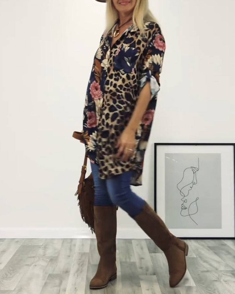 Revers patchworkskjorte med leopardprint