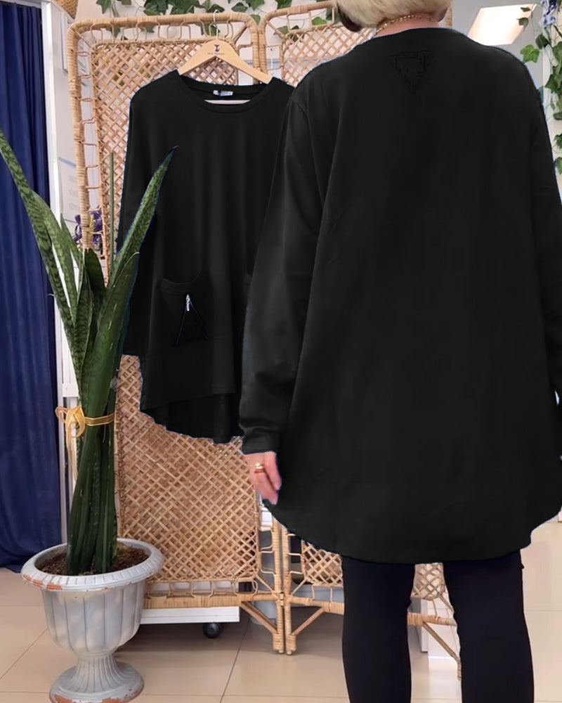 Ensfarvet lynlåslomme til sweatshirt med rund hals