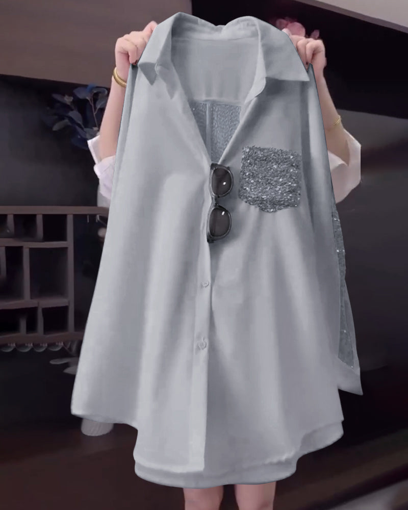 Revers-Paillet-Langærmet Bluse