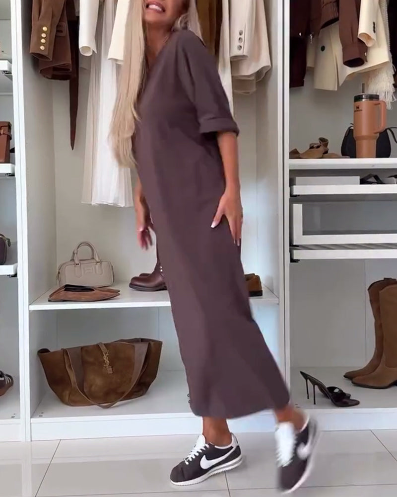 Kjole Ensfarvet Rundhalset Slit Tunika