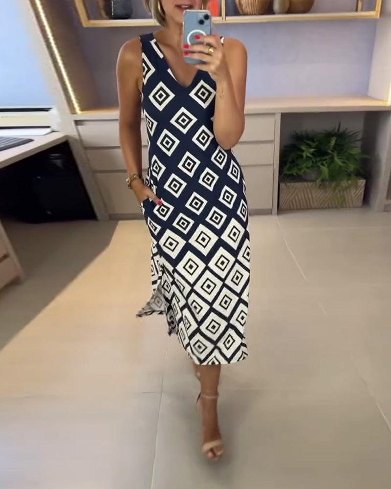 Kjole V-Hals Diamantprint Ærmeløs