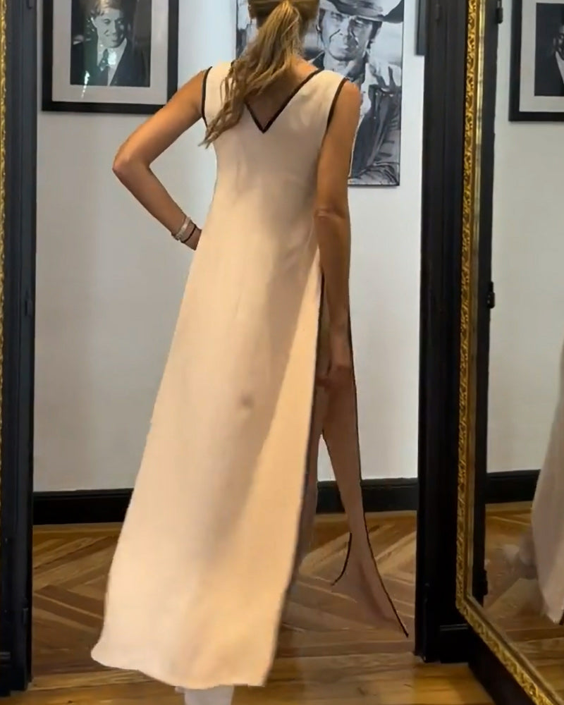 Ensfarvet to-delt sæt | Bluse med sløjfe og bukser