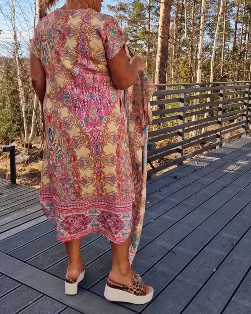 Kjole V-Hals Korte Ærmer Mønstret Løs