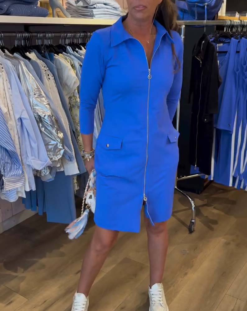 Kjole Revers Ensfarvet Lynlås Lang Ærme