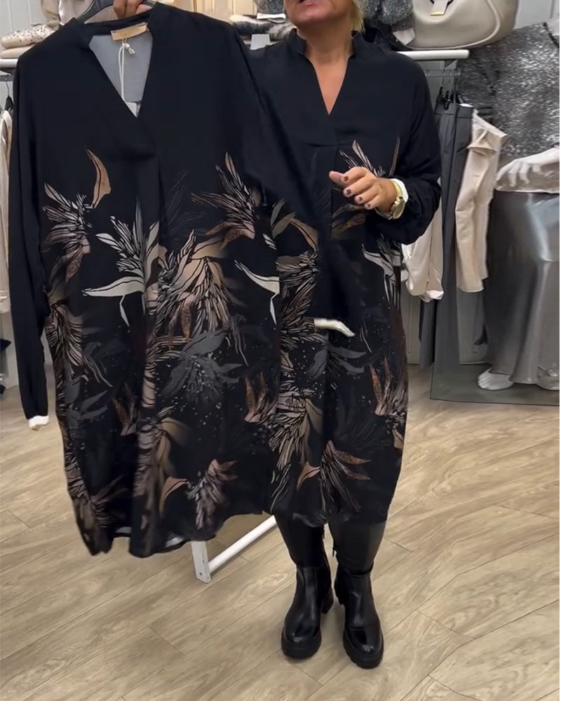 Kjole V-hals Blad Print Langærmet