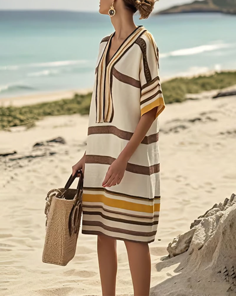 V-Halset Stribet Kjole I Kontrastfarver