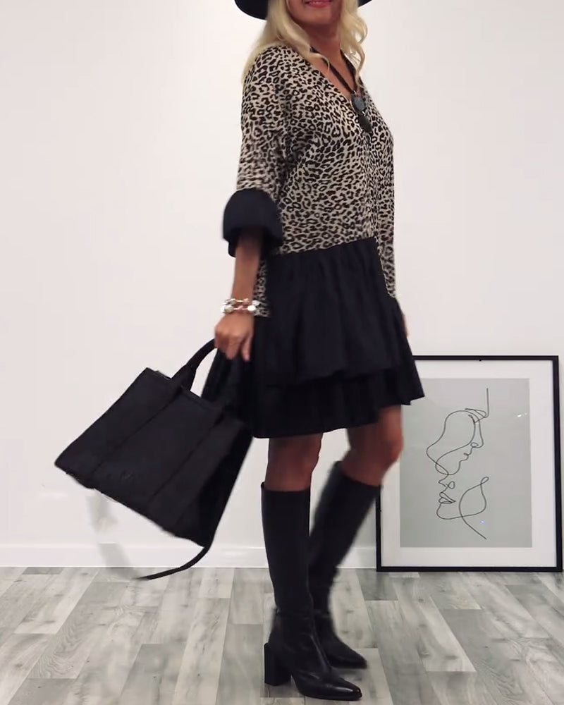 Patchwork kjole med leopardprint og pjuskærmer