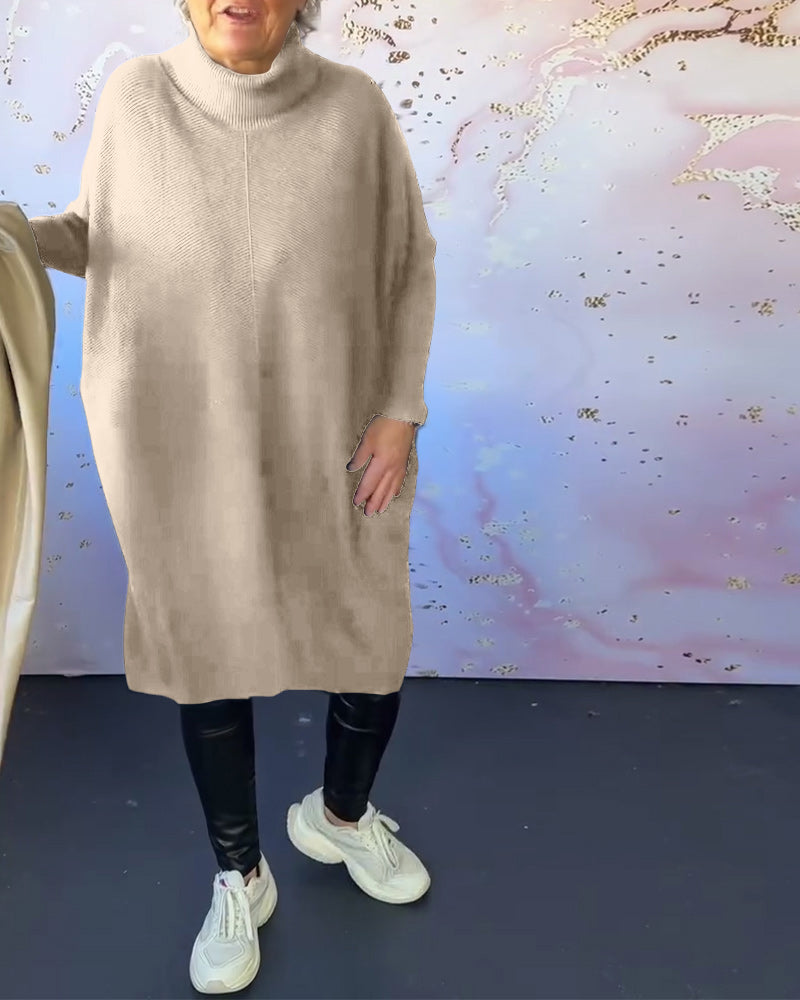 Afslappet ensfarvet langærmet pullover med høj krave