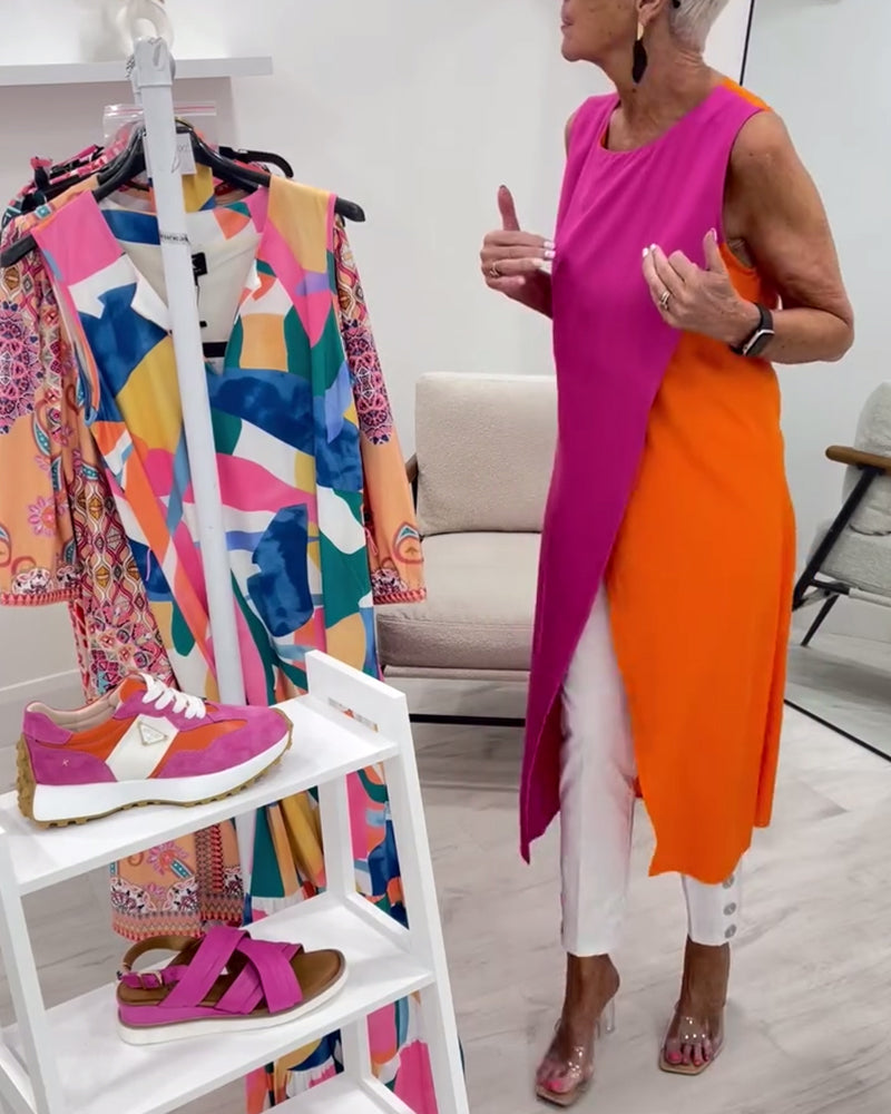 Bluse Uden Ærmer Kontrastfarve Slids Lang