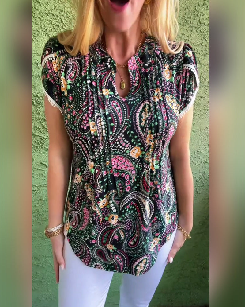 Bluse Kronbladsærme Plisseret Tryk