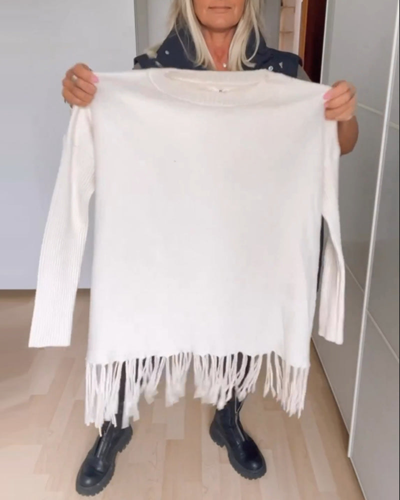 Ensfarvet afslappet sweater med frynser