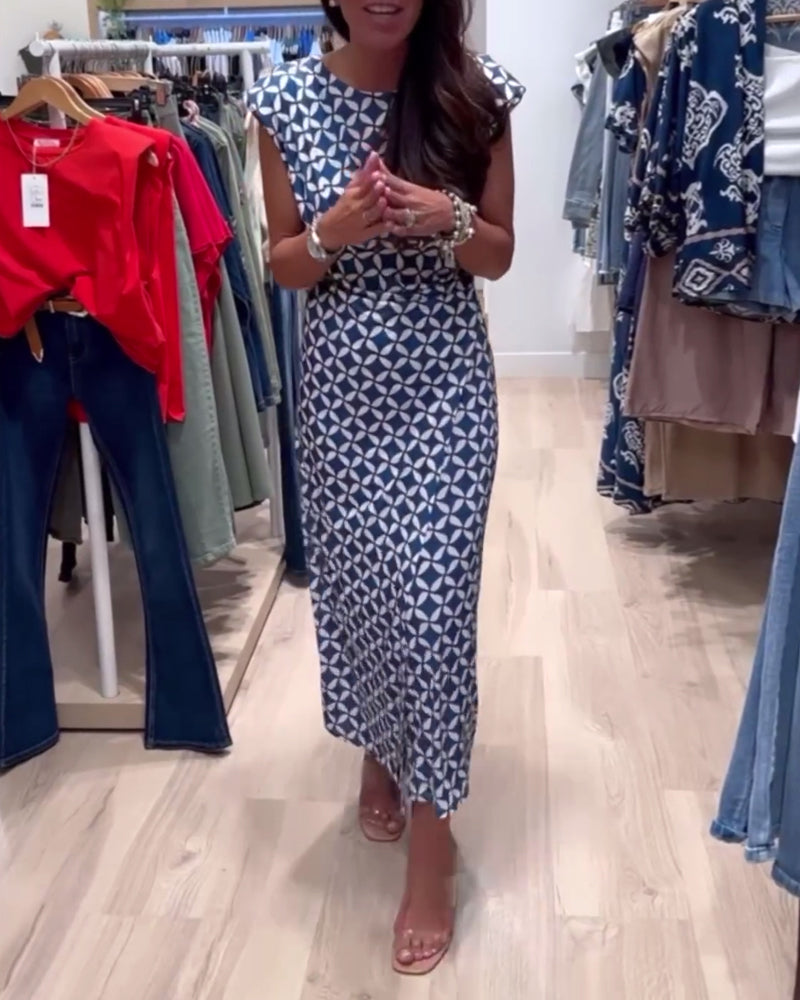 Elegant geometrisk mønstret kjole uden ærmer