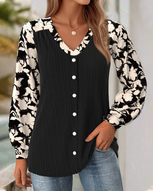 Top V-Hals Langærmede Trykt Patchwork
