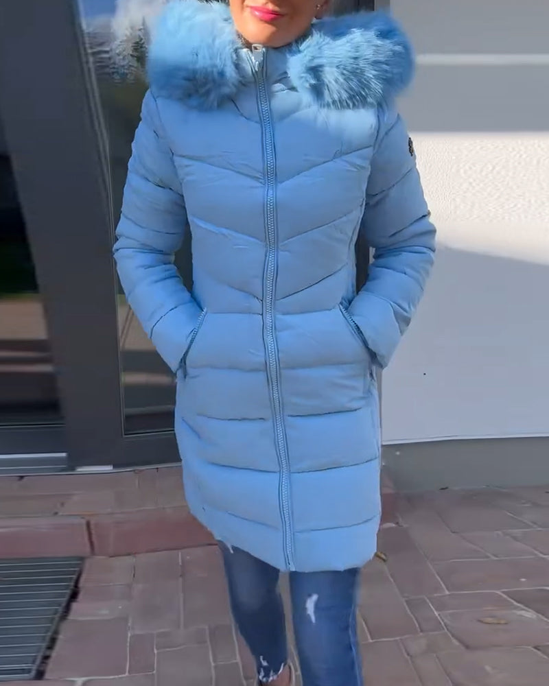 Ensfarvet vatteret jakke med lynlås og pelskrave