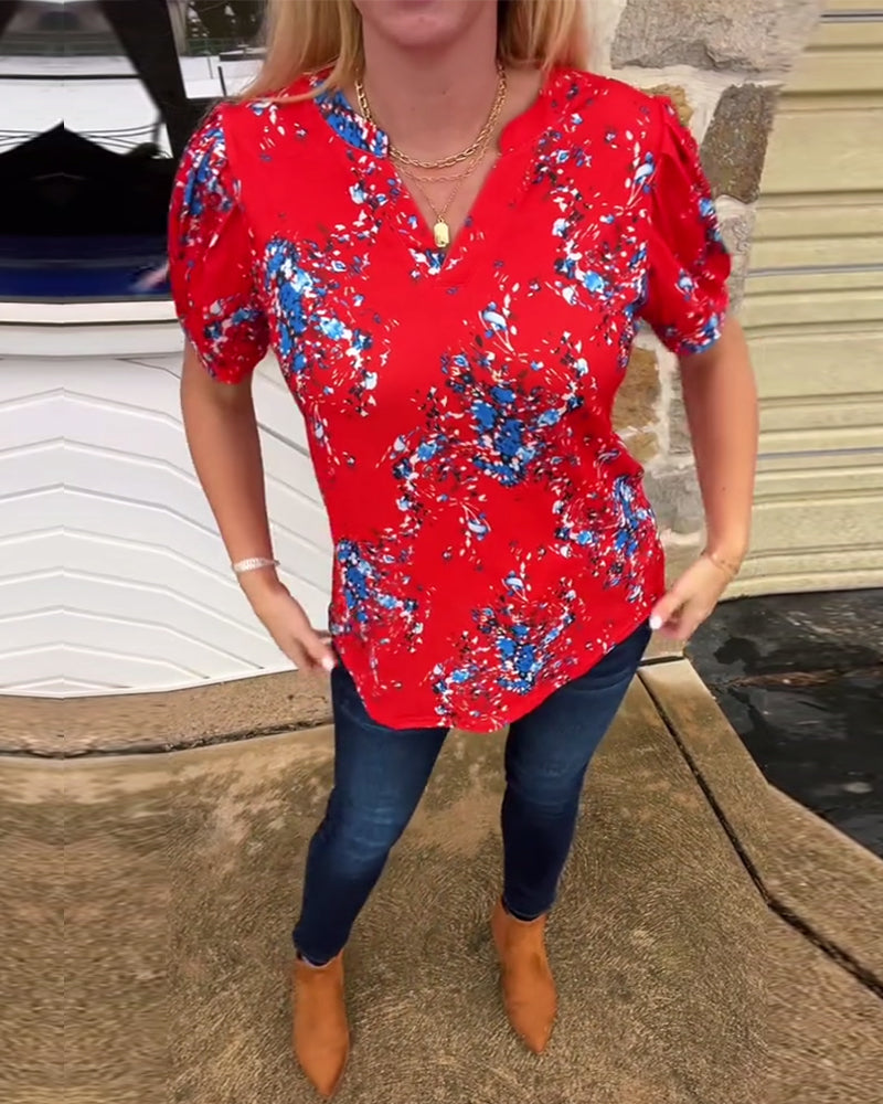 T-Shirt V-Hals Blomsterprint Korte Ærmer