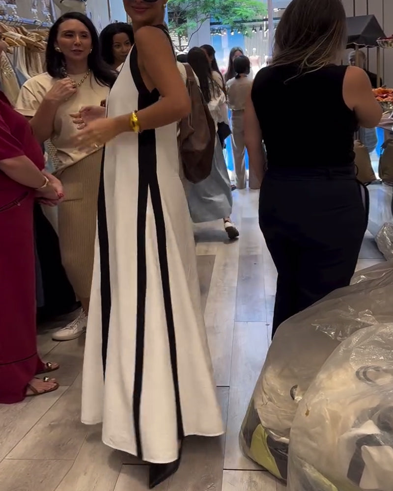 Kjole V-udskæring Ærmeløs Farveblok Løs