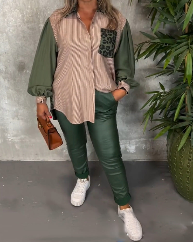 Skjorte med lanterneærmer og leopardprintet brystlomme