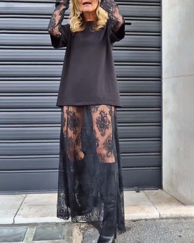 Todelt sæt - Sort top med blondeærmer og blondenederdel