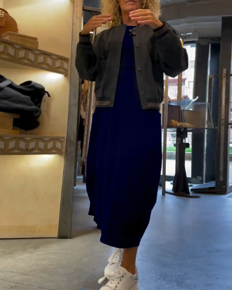 Langærmet sort kjole med lommer