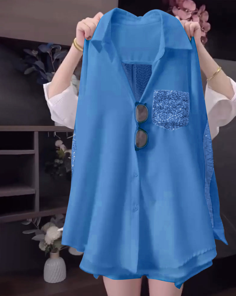 Revers-Paillet-Langærmet Bluse