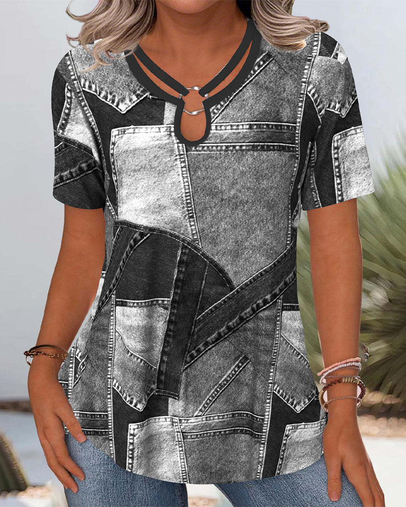 Bluse Vintage Denim Kontrast Udskæring