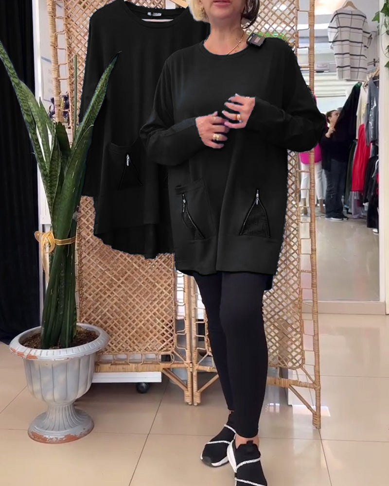 Ensfarvet lynlåslomme til sweatshirt med rund hals