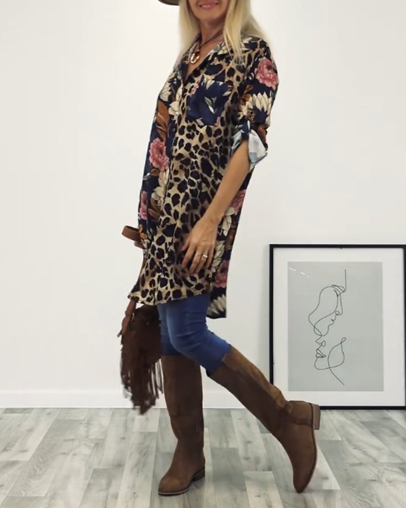 Revers patchworkskjorte med leopardprint