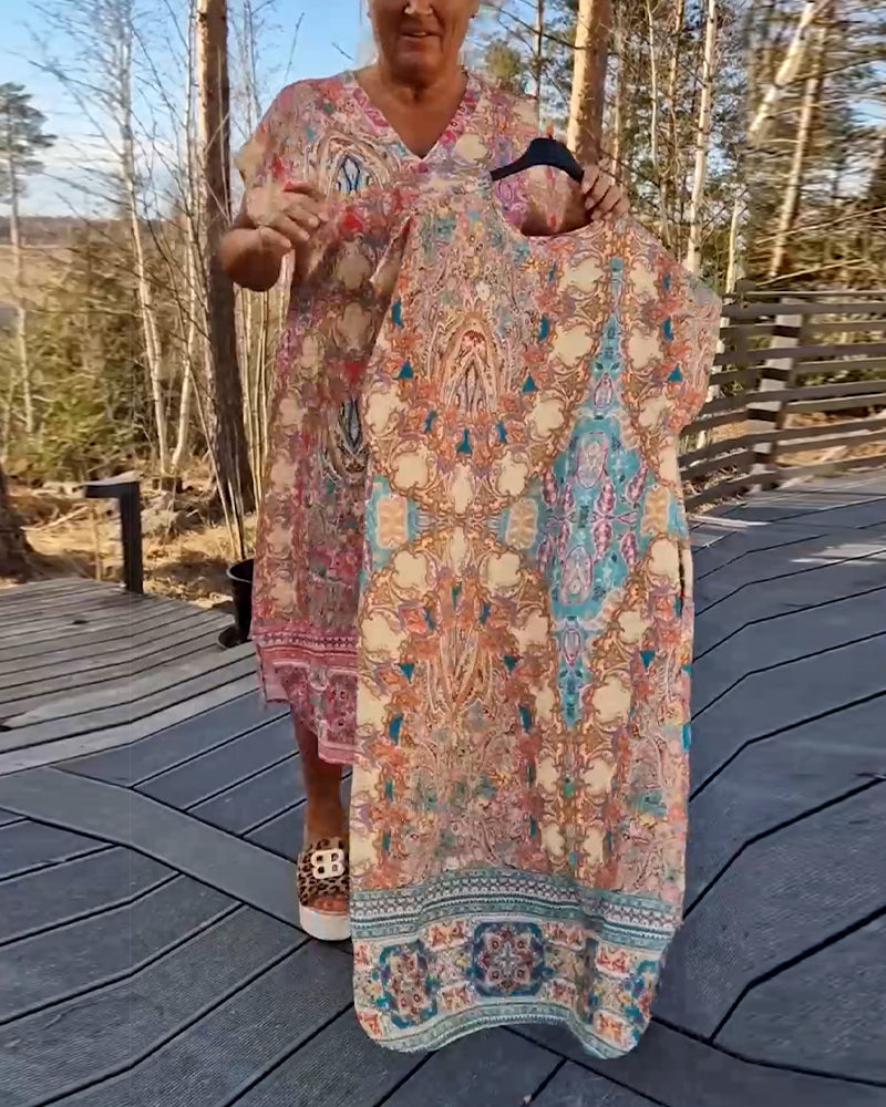 Kjole V-Hals Korte Ærmer Mønstret Løs