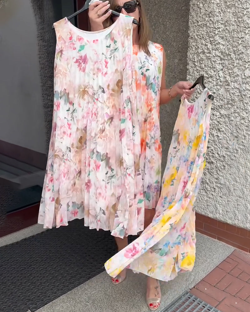 Kjole Ærmeløs Plisseret Blomstret