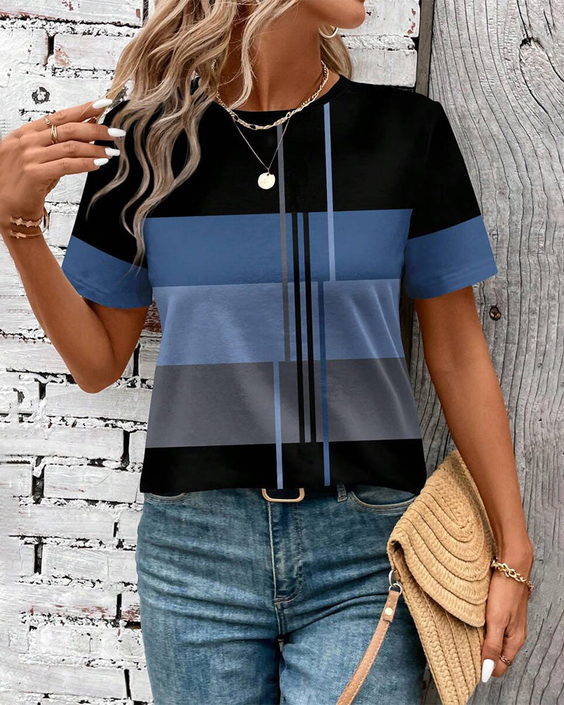 T-Shirt Rund Hals Geometrisk Tryk Kort Ærme
