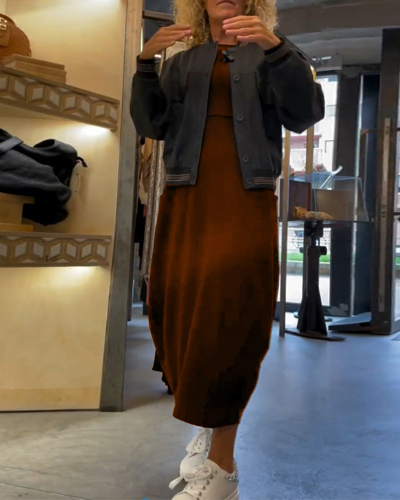 Langærmet sort kjole med lommer