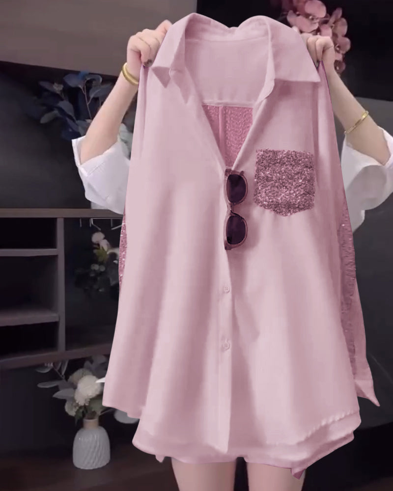 Revers-Paillet-Langærmet Bluse