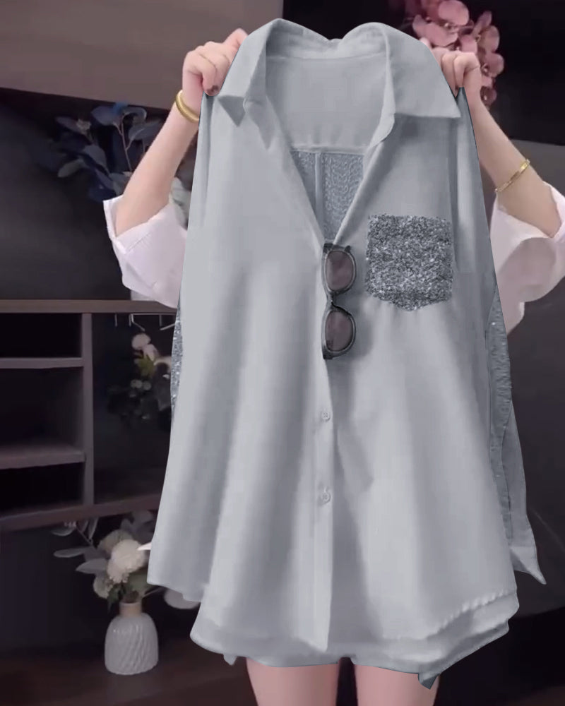 Revers-Paillet-Langærmet Bluse