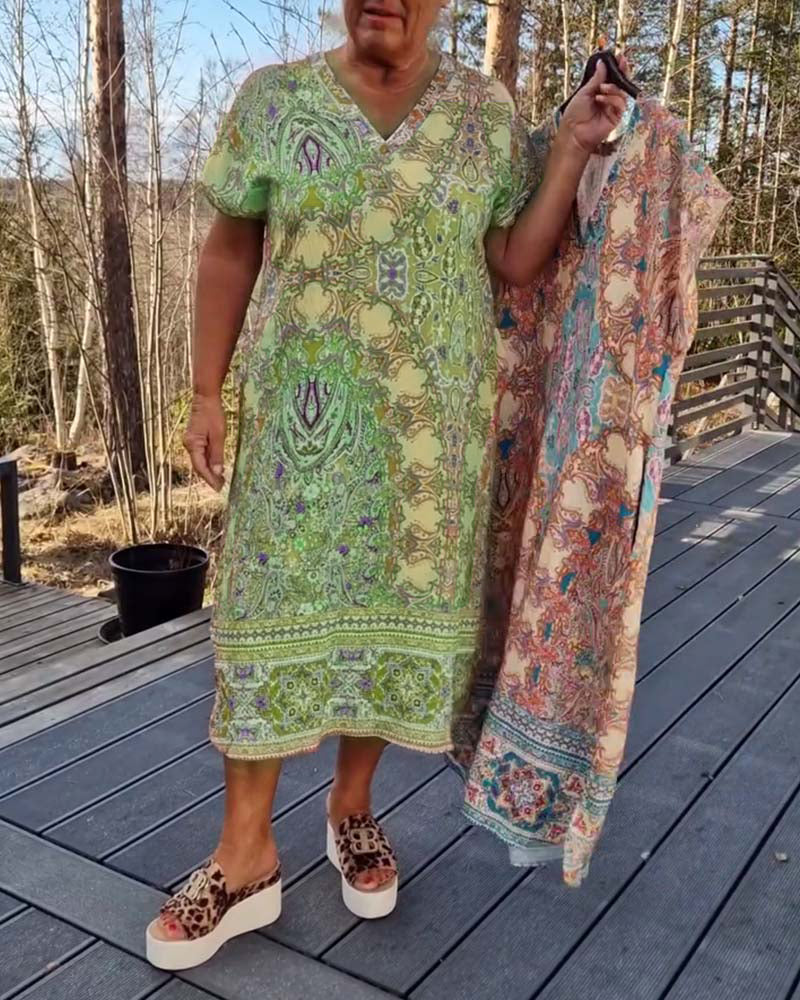 Kjole V-Hals Korte Ærmer Mønstret Løs