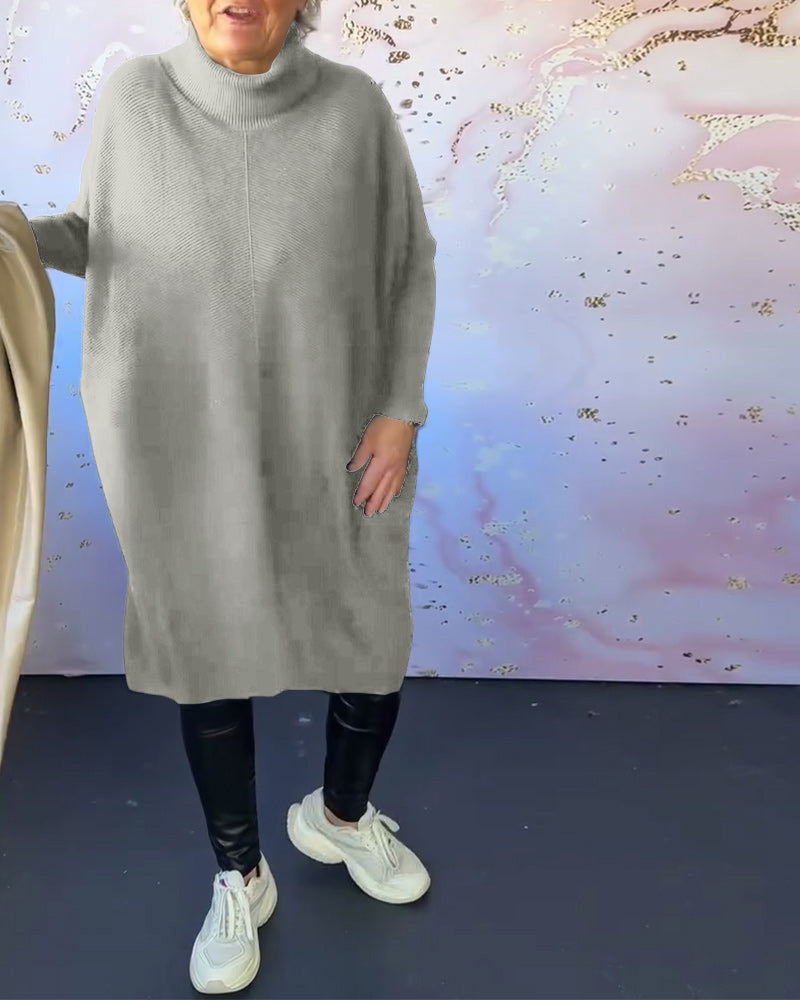 Afslappet ensfarvet langærmet pullover med høj krave