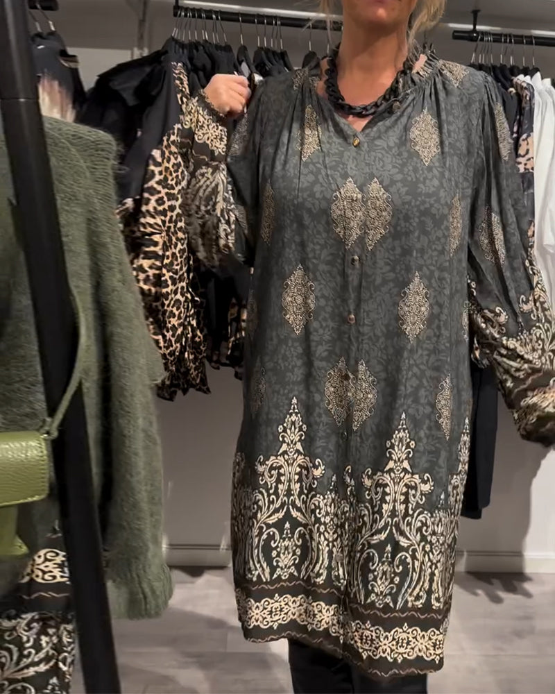 Revers-kjole med vintage-print med knapper